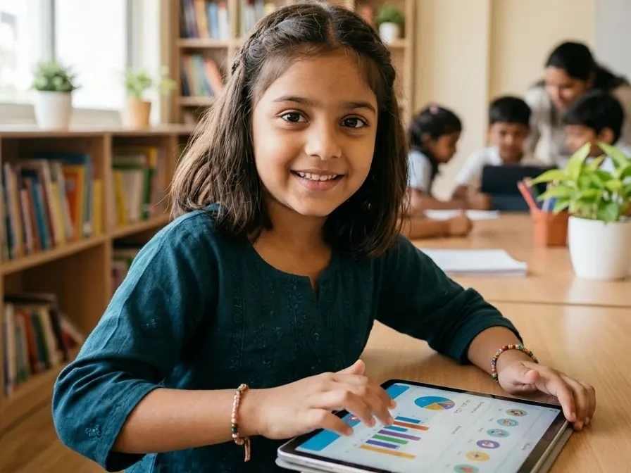 Smiling girl using a learning app on a tablet in a bright classroom