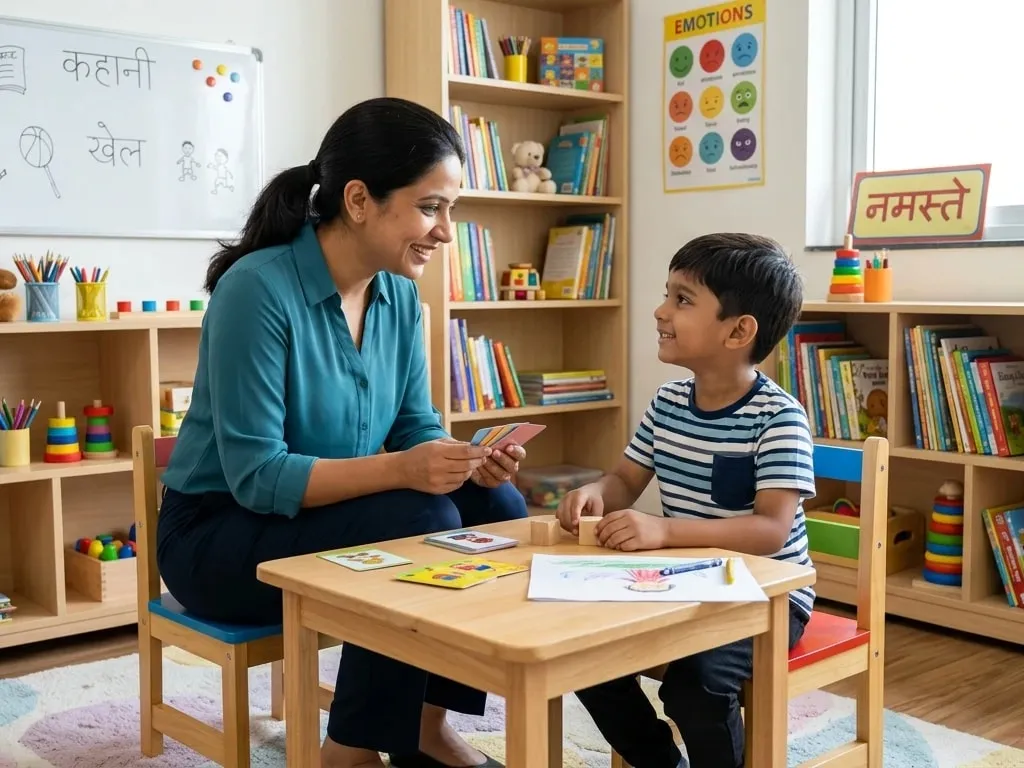 Child psychologist smiling with a young boy during a picture-card activity