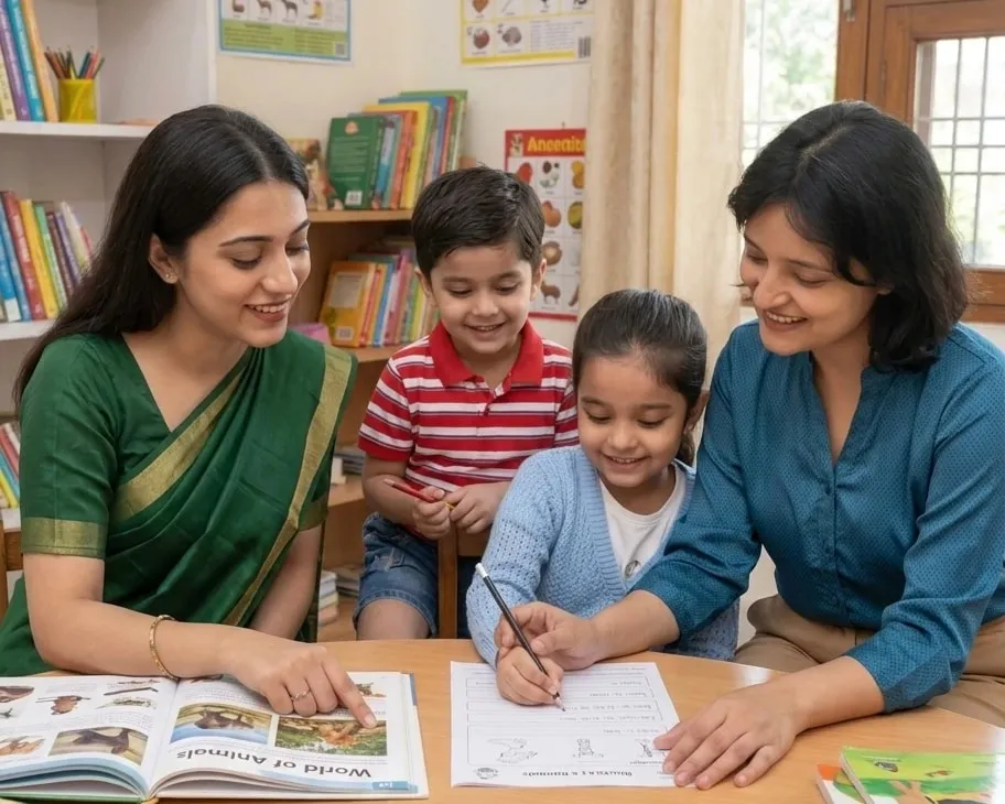 Two educators guiding a young boy and girl through reading and writing activities